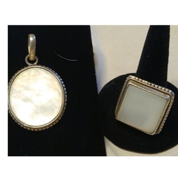 Sterling Silver + Mother of Pearl Oval Pendant and Square Statement Ring…